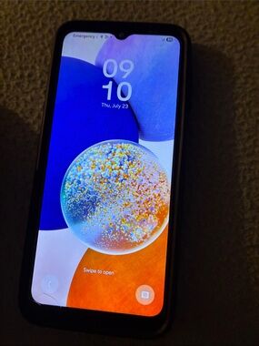 Samsung Smartphone with Black Case and Blue/Orange Display